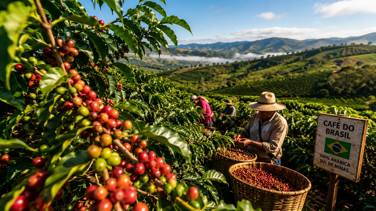 Brazil coffee harvest 2026/27 in Sul de Minas Brazilian coffee harvest in Sul de Minas: workers picking ripe arabica cherries into baskets on a hillside plantation with a 'Café do Brasil' sign