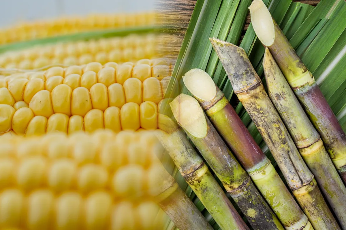 Split view of Brazilian sugarcane fields and US corn fields representing ethanol production differences