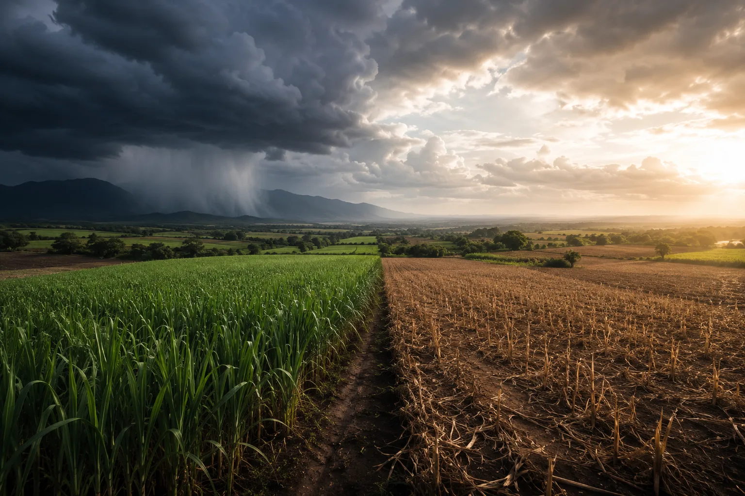El Niño sugar market 2026: storm clouds and rainfall over a green sugarcane field beside a drought-stricken dry field at sunset
