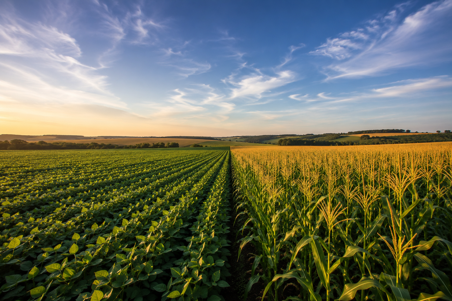 Grain market report — corn and soybean fields, 2026 acreage and Brazil exports Grain market report 2026: side-by-side soybean and corn fields at sunset representing U.S. acreage shifts and Brazil export flows