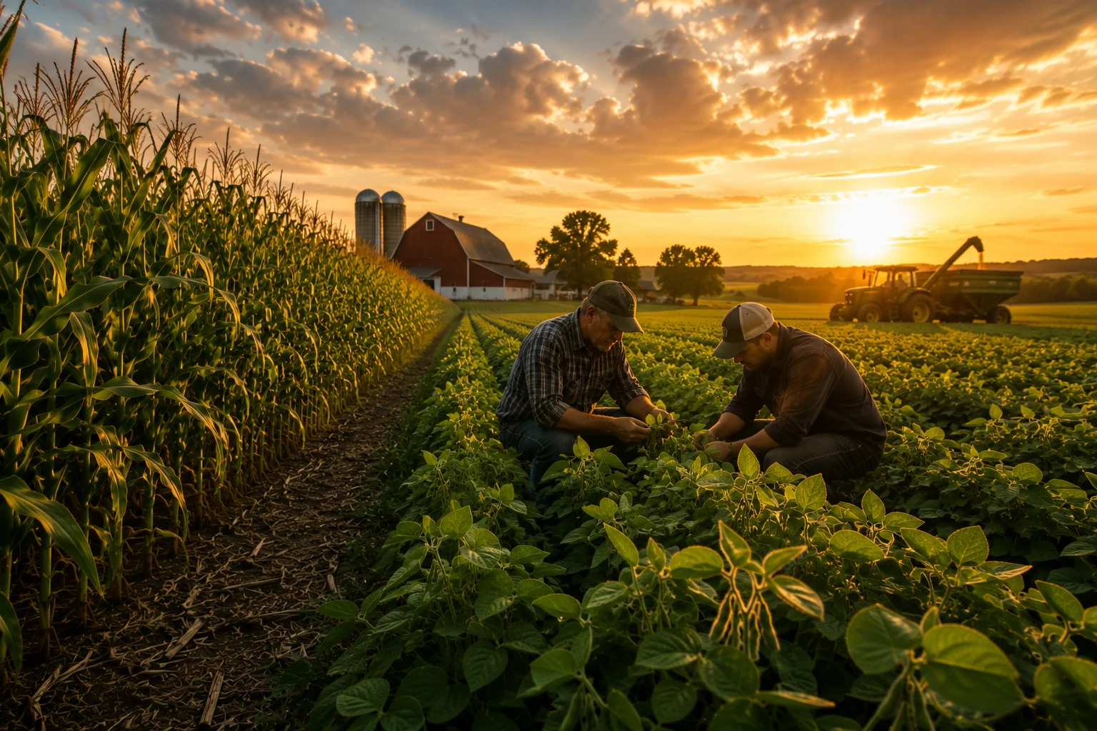 Grain news — corn and soybean markets, July 2026 USDA outlook Grain news July 2026: two farmers inspecting soybean plants at sunset with a corn field, red barn, silos, and tractor in the background