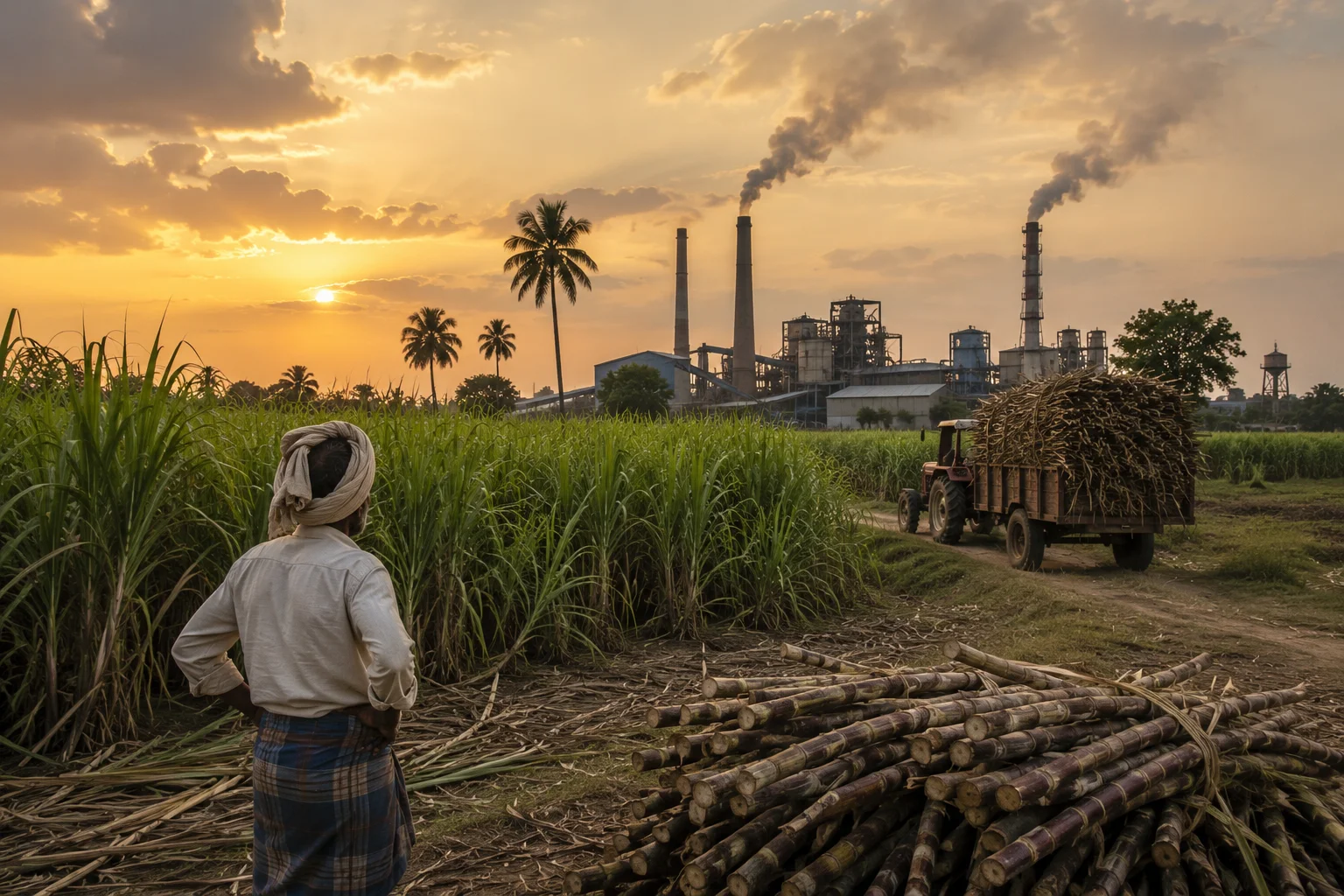 India sugar exports collapse as El Niño threatens 2026 cane production Indian farmer overlooking sugarcane fields at sunset with a sugar mill and harvested cane in the background